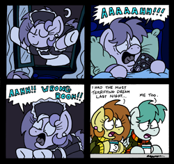 Size: 1831x1732 | Tagged: safe, artist:bobthedalek, oc, oc only, oc:bubble pump, oc:clippy ticket, earth pony, pegasus, pony, comic:trottingham transport, atg 2023, bed, bus, clothes, comic, dream, maid, mug, newbie artist training grounds, plushie, screaming, simpsons did it