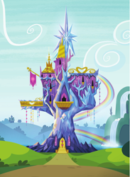 Size: 722x987 | Tagged: safe, g4, official, background, banner, building, cloud, grass, path, rainbow, scenery, sky, twilight's castle, water, waterfall