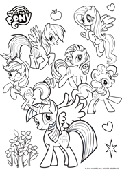 Size: 1563x2191 | Tagged: safe, applejack, fluttershy, pinkie pie, rainbow dash, rarity, twilight sparkle, alicorn, earth pony, pegasus, pony, unicorn, g4, official, black and white, coloring page, female, flower, grayscale, mane six, mare, monochrome, my little pony logo, simple background, text, twilight sparkle (alicorn), white background