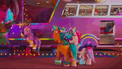 Size: 1912x1078 | Tagged: safe, screencap, hitch trailblazer, pipp petals, sparky sparkeroni, zipp storm, dragon, earth pony, pegasus, pony, bridlewoodstock (make your mark), g5, my little pony: make your mark, my little pony: make your mark chapter 4, spoiler:g5, spoiler:my little pony: make your mark, spoiler:my little pony: make your mark chapter 4, spoiler:mymc04e01, animated, bridlewoodstock, clothes, decorated, eyeliner, face paint, female, floral head wreath, flower, flying, glitter, gold chains, headphones, hoofband, horseshoes, jewelry, makeup, mare, necklace, neon, nervous, panic, panicking, sound, stockings, sunglasses, thigh highs, visor, webm, worried