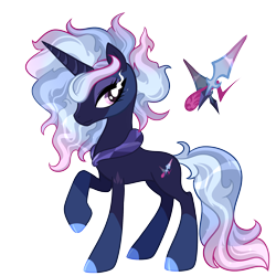 Size: 2000x2000 | Tagged: safe, artist:dixieadopts, part of a set, oc, oc only, oc:ancestral sword, pony, unicorn, blaze (coat marking), body markings, ceruledge, coat markings, colored hooves, eyeshadow, facial markings, female, gradient mane, gradient tail, high res, horn, lidded eyes, looking back, makeup, mare, peytral, pokemon scarlet and violet, pokémon, purple eyes, raised hoof, simple background, socks (coat markings), solo, tail, transparent background, unicorn oc