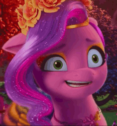 Size: 1004x1076 | Tagged: safe, edit, edited screencap, screencap, pipp petals, pegasus, pony, bridlewoodstock (make your mark), g5, my little pony: make your mark, my little pony: make your mark chapter 4, spoiler:g5, spoiler:my little pony: make your mark, spoiler:my little pony: make your mark chapter 4, spoiler:mymc04e01, animated, bridlewoodstock, cropped, eye twitch, eyeliner, faic, female, floral head wreath, flower, gif, glitter, grin, heh, jewelry, makeup, mare, nervous, nervous smile, pipp petals is best facemaker, smiling, solo, tiara