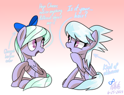 Size: 2180x1683 | Tagged: safe, artist:notadeliciouspotato, cloudchaser, flitter, pegasus, pony, g4, bow, dialogue, duo, female, folded wings, gradient background, hair bow, happy, hoof on chin, looking at each other, looking at someone, mare, narrowed eyes, open mouth, open smile, raised hoof, siblings, signature, sisters, sitting, smiling, speech bubble, twins, wings