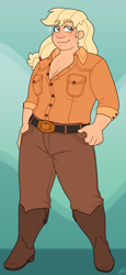 Size: 862x1867 | Tagged: safe, artist:greenarsonist, applejack, human, g4, belt, belt buckle, boots, clothes, cowboy boots, female, freckles, gender headcanon, grin, headcanon, headcanon in the description, humanized, long hair, muscles, muscular female, pants, sexuality headcanon, shoes, simple background, smiling, solo