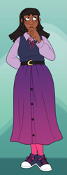 Size: 703x1834 | Tagged: safe, artist:greenarsonist, twilight sparkle, human, g4, belt, belt buckle, clothes, converse, dark skin, female, gender headcanon, headcanon, headcanon in the description, humanized, long hair, long skirt, sexuality headcanon, shoes, simple background, skirt, socks, solo, thinking