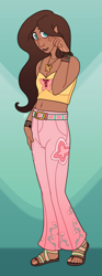 Size: 656x1757 | Tagged: safe, artist:greenarsonist, fluttershy, human, g4, belt, belt buckle, bracelet, clothes, female, gender headcanon, headcanon, headcanon in the description, humanized, jewelry, long hair, sandals, sexuality headcanon, simple background, solo, trans female, trans fluttershy, transgender