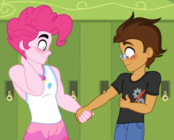 Size: 2600x2093 | Tagged: safe, artist:imperfectxiii, artist:orin331, pinkie pie, oc, oc:copper plume, human, equestria girls, g4, arm behind head, awkward, berryplume, blushing, bubble berry, canon x oc, canterlot high, duo, gay, geode of sugar bombs, half r63 shipping, high res, holding hands, lockers, magical geodes, male, rule 63, shipping