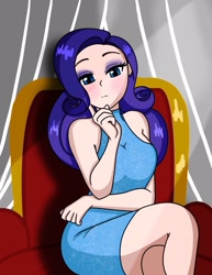 Size: 1275x1650 | Tagged: safe, artist:breezybl97, rarity, human, g4, blushing, chair, clothes, dress, eyeshadow, female, humanized, makeup, sitting, solo