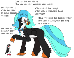 Size: 2712x2116 | Tagged: safe, artist:supahdonarudo, oc, oc only, oc:icebeak, bird, classical hippogriff, hippogriff, penguin, atg 2023, bowtie, crying, dialogue, high res, jewelry, necklace, newbie artist training grounds, sad, scared, simple background, teary eyes, text, transparent background