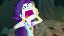 Size: 1280x720 | Tagged: safe, screencap, rarity, human, equestria girls, g4, my little pony equestria girls: legend of everfree, big no, bush, clothes, eyes closed, hand on cheek, jewelry, logs, marshmelodrama, open mouth, rarity being rarity, screaming, solo, tree, volumetric mouth