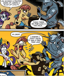 Size: 710x844 | Tagged: safe, idw, official comic, cheating peggy, rarity, seachest, earth pony, pony, g4, spoiler:comic, spoiler:comic13, card game, female, male, mare, pirate, stallion, tattoo