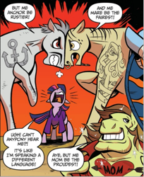Size: 621x762 | Tagged: safe, idw, official comic, greasy rust, twilight sparkle, alicorn, earth pony, pony, g4, spoiler:comic, spoiler:comic13, female, male, mare, pirate, stallion, tattoo, twilight sparkle (alicorn), unnamed character, unnamed pony