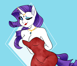 Size: 1280x1093 | Tagged: safe, artist:grossness_tit, rarity, unicorn, anthro, g4, ambiguous facial structure, breasts, cleavage, cutie mark background, female, hands behind back, horn, horn jewelry, jewelry, leaning forward, lipstick, looking at you, necklace, one eye closed, red dress, smiling, smiling at you, solo, wink