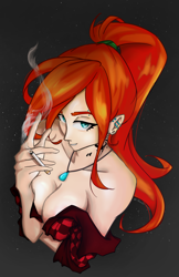 Size: 3747x5771 | Tagged: source needed, safe, artist:shinika-sama, oc, oc:ray muller, human, breasts, cigarette, cleavage, clothes, collar, ear piercing, female, humanized, looking at you, piercing, ponytail, shirt, smoking, solo, tattoo