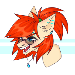 Size: 2480x2480 | Tagged: safe, alternate version, artist:cubifiedcherry, oc, oc only, oc:ray muller, pegasus, pony, bust, collar, crazy smile, ear piercing, eyeshadow, high res, industrial piercing, makeup, piercing, ponytail, simple background, solo, sunglasses, white background