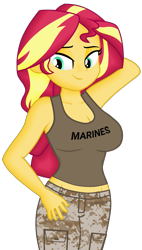 Size: 813x1430 | Tagged: safe, artist:ah96, artist:edy_january, edit, editor:ah96, vector edit, sunset shimmer, human, equestria girls, g4, my little pony equestria girls: better together, breasts, busty sunset shimmer, camouflage, clothes, link in description, marine, marines, military, military uniform, sexy, simple background, soldier, solo, stupid sexy sunset shimmer, tank top, transparent background, uniform, united states, usmc, vector, vulgar description