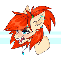 Size: 2480x2480 | Tagged: safe, alternate version, artist:cubifiedcherry, oc, oc only, oc:ray muller, pegasus, pony, bust, collar, crazy smile, ear piercing, eyeshadow, high res, makeup, piercing, ponytail, simple background, solo, white background