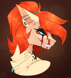 Size: 1972x2160 | Tagged: safe, artist:elektra-gertly, oc, oc only, oc:ray muller, angry, blood, collar, crazy face, ear piercing, eyeshadow, faic, makeup, piercing, ponytail, solo