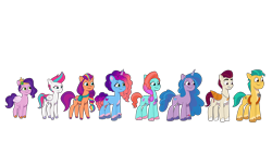 Size: 3072x1754 | Tagged: safe, artist:caseyben887, hitch trailblazer, izzy moonbow, jazz hooves, misty brightdawn, pipp petals, rocky riff, sunny starscout, zipp storm, earth pony, pegasus, pony, unicorn, g5, my little pony: tell your tale, spoiler:g5, spoiler:my little pony: tell your tale, female, height difference, hitch is tall, izzy is tol, male, mane five, mane six (g5), mane stripe sunny, mare, pipp is short, pipp is smol, rebirth misty, royal sisters (g5), siblings, simple background, sisters, size chart, size comparison, sorting, stallion, transparent background, zipp is short