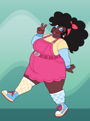 Size: 1285x1731 | Tagged: safe, artist:greenarsonist, pinkie pie, human, g4, bandana, belt, belt buckle, clothes, dark skin, ear piercing, earring, fat, gender headcanon, headcanon, headcanon in the description, humanized, jewelry, long hair, nonbinary, piercing, pudgy pie, sexuality headcanon, shoes, simple background, smiling, solo, transgender