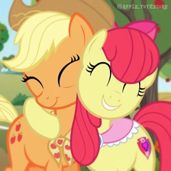 Size: 1080x1080 | Tagged: safe, artist:apple.tothecore, apple bloom, applejack, earth pony, pony, g4, ^^, adorabloom, apple, apple sisters, apple tree, applejack's hat, bags under eyes, blurry, blurry background, bonding, bow, bush, clothes, cowboy hat, cute, duo, duo female, eye wrinkles, eyes closed, female, fence, flower, food, goldie delicious' shawl, granny smith's shawl, hair bow, happy, hat, hug, jackabetes, mare, older, older apple bloom, older applejack, outdoors, scarf, shawl, sibling bonding, sibling love, siblings, side hug, sisterly love, sisters, sky, smiling, sweet apple acres, tree
