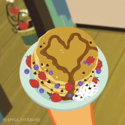 Size: 1080x1080 | Tagged: safe, artist:apple.tothecore, applejack, earth pony, pony, g4, blueberry, female, food, pancakes, solo, strawberry, whipped cream