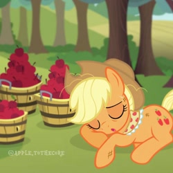 Size: 1080x1080 | Tagged: safe, artist:apple.tothecore, applejack, earth pony, pony, g4, the last problem, apple, apple tree, applejack's hat, bags under eyes, blurry, blurry background, bush, clothes, cowboy hat, cute, dirty, eye wrinkles, female, granny smith's shawl, grass, hat, jackabetes, lying down, mare, older, older applejack, open mouth, scarf, sleeping, solo, sweet apple acres, tree