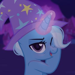 Size: 1080x1080 | Tagged: safe, anonymous artist, trixie, pony, unicorn, g4, clothes, female, glowing, glowing horn, hat, horn, magic, mare, one eye closed, solo, trixie's hat, wink