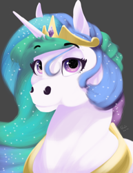Size: 2550x3300 | Tagged: safe, artist:el rufis, princess celestia, alicorn, pony, g4, bust, crown, eyebrows, eyebrows visible through hair, female, gray background, high res, hoers, jewelry, looking at you, mare, peytral, regalia, signature, simple background, smiling, smiling at you, solo