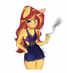 Size: 2107x2293 | Tagged: safe, artist:tomi_ouo, sunset shimmer, unicorn, anthro, g4, bikini, bikini top, bra, cigarette, clothes, female, frown, hand in pocket, high res, see-through, see-through shirt, shirt, shorts, signature, simple background, smoke, smoking, solo, swimsuit, tank top, torn clothes, underwear, white background
