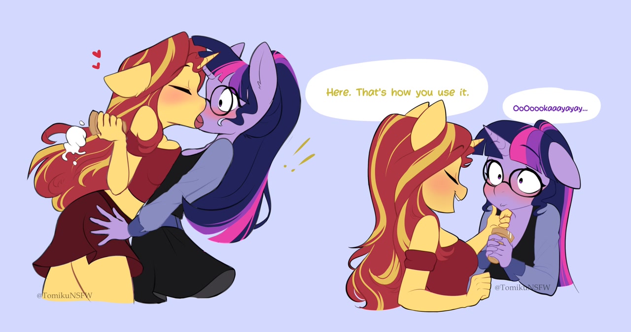 [anthro,blushing,bust,clothes,duo,eyes closed,female,food,french kiss,glasses,heart,kissing,lesbian,safe,shipping,skirt,text,twilight sparkle,unicorn,tongue play,sunset shimmer,tongue out,sunsetsparkle,surprise kiss,smiling,sci-twi,scitwishimmer,artist:tomi_ouo,wasting food]
