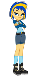 Size: 1000x2000 | Tagged: safe, artist:mlpfan3991, oc, oc only, oc:flare spark, human, equestria girls, g4, my little pony equestria girls: legend of everfree, boots, camp everfree outfits, clothes, crossed arms, eyebrows, female, raised eyebrow, shoes, shorts, simple background, smiling, smirk, socks, solo, tomboy, transparent background
