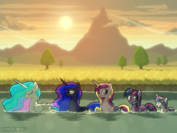 Size: 800x600 | Tagged: safe, artist:rangelost, princess cadance, princess celestia, princess flurry heart, princess luna, twilight sparkle, alicorn, pony, g4, alicorn pentarchy, backlighting, eyes closed, female, filly, foal, looking back, mare, mountain, open mouth, open smile, partially submerged, pegaduck, pixel art, scenery, smiling, sunset, swanlestia, twilight sparkle (alicorn), water