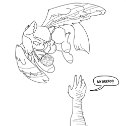 Size: 3508x3508 | Tagged: safe, artist:ponny, oc, oc:peep, bird, bird pone, human, pegasus, pigeon, behaving like a bird, bread, flying, food, hand, high res, monochrome, sandwich, simple background, speech bubble, stealing, text, white background