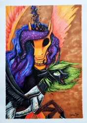 Size: 2763x3898 | Tagged: safe, artist:cahandariella, oc, oc only, alicorn, lich, pony, undead, armor, clothes, crown, crying, dark magic, fanfic art, female, filly, foal, high res, jewelry, magic, male, marker drawing, necklace, newbie artist training grounds, regalia, robes, screaming, spread wings, stallion, traditional art, wings