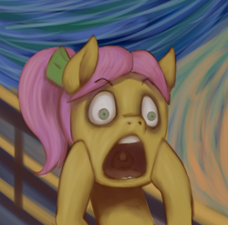 Size: 1280x1264 | Tagged: safe, artist:zetamad, posey bloom, earth pony, pony, g5, atg 2023, edvard munch, female, fine art parody, head in hooves, mare, newbie artist training grounds, open mouth, ponytail, posey can't catch a break, solo, the scream, uvula