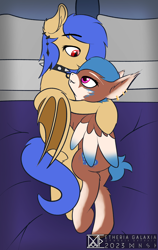 Size: 2724x4320 | Tagged: safe, artist:etheria galaxia, oc, oc only, oc:lissy fluffball, oc:lunar saintly, bat pony, hybrid, insect, moth, mothpony, original species, pony, bed, choker, collar, cuddling, ear piercing, earring, fangs, female, hybrid oc, jewelry, looking at each other, looking at someone, mare, piercing, pillow, sketch, slit pupils, smiling, spiked choker, spiked collar, watermark, wings