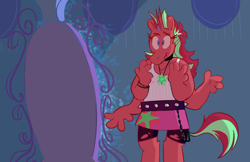 Size: 1280x828 | Tagged: safe, artist:msponies, unicorn, anthro, g4, bracelet, chains, choker, clothes, equine, four arms, fusion, fusion:starlight glimmer, fusion:sunset shimmer, fusion:tempest shadow, horn, jewelry, mirror portal, multiple arms, multiple horns, necklace, skirt, solo, spiked belt