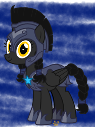 Size: 1536x2048 | Tagged: safe, artist:twiny dust, derpibooru exclusive, oc, oc only, oc:eclipse, pegasus, pony, armor, braid, braided pigtails, braided tail, digital art, female, guardsmare, mare, night guard, night guard armor, pigtails, royal guard, simple background, solo, tail