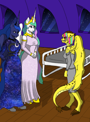 Size: 518x700 | Tagged: safe, artist:lullabyjak, princess celestia, princess luna, oc, oc:rachel lockhart, alicorn, dragon, anthro, g4, bed, breasts, clothes, crying, ears back, gritted teeth, hospital bed, hybrid oc, snarling, teeth