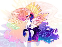 Size: 3869x2920 | Tagged: safe, artist:anno酱w, oc, oc only, alicorn, pony, base used, crown, ethereal mane, eyelashes, eyeshadow, flowing mane, high res, jewelry, magical lesbian spawn, makeup, offspring, parent:princess celestia, parent:princess luna, parents:princest, product of incest, raised hoof, regalia, smiling, spread wings, starry mane, sun, wings, zoom layer