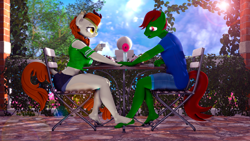 Size: 3840x2160 | Tagged: safe, artist:shadowuwu, artist:theshadow, autumn blaze, oc, oc:pastel dice, earth pony, kirin, anthro, plantigrade anthro, g4, 3d, anthro oc, autel, balcony, barefoot, barefooting, breakfast, cake, chair, clothes, commission, commissioner:equestriaguy637, cup, cupcake, cute, dating, denim, denim shorts, duo, duo male and female, earth pony oc, feet, female, flower, food, foot fetish, footsie, glass, high res, holding hands, leaves, lens flare, looking at each other, looking at someone, male, nail polish, plate, romantic, shirt, short shirt, shorts, sitting, smiling, smiling at each other, source filmmaker, straight, t-shirt, table, teacup, tree, ych result