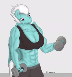 Size: 1902x2027 | Tagged: safe, artist:yo tengo, fleetfoot, pegasus, anthro, g4, biceps, breasts, busty fleetfoot, clothes, deltoids, dumbbell (object), female, fleetflex, mare, muscles, muscular female, weights