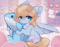 Size: 2748x2160 | Tagged: safe, artist:qudeffy, oc, oc only, oc:lusty symphony, pegasus, pony, whale, animated, blush sticker, blushing, chest fluff, colored eyebrows, commission, cute, daaaaaaaaaaaw, ear fluff, eyebrows, eyebrows visible through hair, female, high res, mare, no sound, pegasus oc, plushie, sitting, snuggling, solo, spread wings, weapons-grade cute, webm, wings