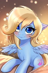 Size: 1799x2700 | Tagged: safe, artist:melfy, oc, oc only, oc:lusty symphony, pegasus, pony, abstract background, blushing, chest fluff, cute, female, high res, mare, pegasus oc, smiling, solo, spread wings, wings