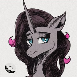 Size: 2048x2048 | Tagged: safe, artist:poxy_boxy, oleander (tfh), pony, unicorn, them's fightin' herds, bust, colored sketch, community related, female, high res, lidded eyes, mare, mixed media, signature, sketch, solo