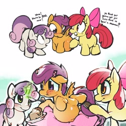 Size: 1600x1600 | Tagged: safe, artist:honkinghighblood, apple bloom, scootaloo, sweetie belle, earth pony, pegasus, pony, unicorn, g4, belly button, blushing, brushing, chewing, comb, cute, cutie mark crusaders, eating, female, filly, foal, food, magic, outie belly button, pie, pregnant, pregnant foal, pregnant scootaloo, smiling, spoon, trio