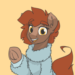 Size: 800x800 | Tagged: safe, artist:sneetymist, oc, oc only, oc:soft coffee, earth pony, pony, clothes, coat markings, female, fluffy, fluffy sweater, frog (hoof), hoofbutt, looking at you, mare, open mouth, simple background, smiling, socks (coat markings), solo, sweater, underhoof, waving
