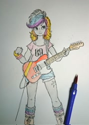 Size: 1463x2048 | Tagged: safe, artist:daisymane, oc, oc only, oc:rokuchan, human, equestria girls, g4, electric guitar, equestria girls-ified, guitar, musical instrument, pen, solo, traditional art