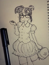 Size: 1536x2048 | Tagged: safe, artist:daisymane, sci-twi, twilight sparkle, human, equestria girls, g4, alternate hairstyle, bloomers, female, monochrome, pen, pen drawing, puffy sleeves, purse, solo, traditional art